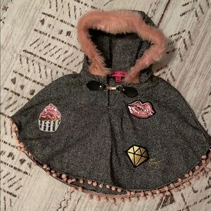 Betsey Johnson Gray Cape Pink Ball Fringe Trim Fancy Girl 2T